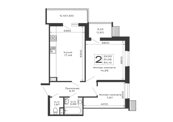 Планировка 2 комн. в ЖК Долина