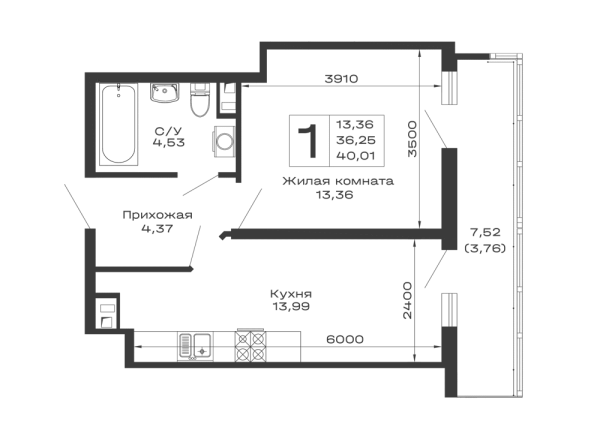 Планировка 1 комн. в ЖК Долина