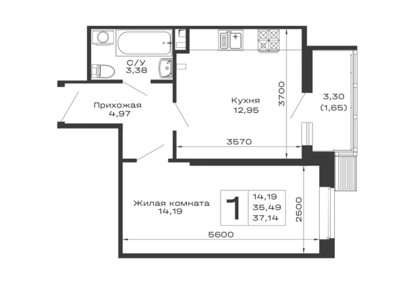 Планировка 1 комн. в ЖК Долина