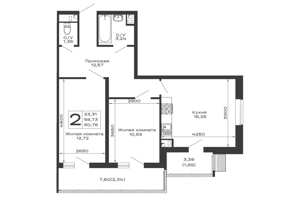 Планировка 2-комнатной квартиры 60.76 м² в ЖК Долина, г. Майкоп — фото 1