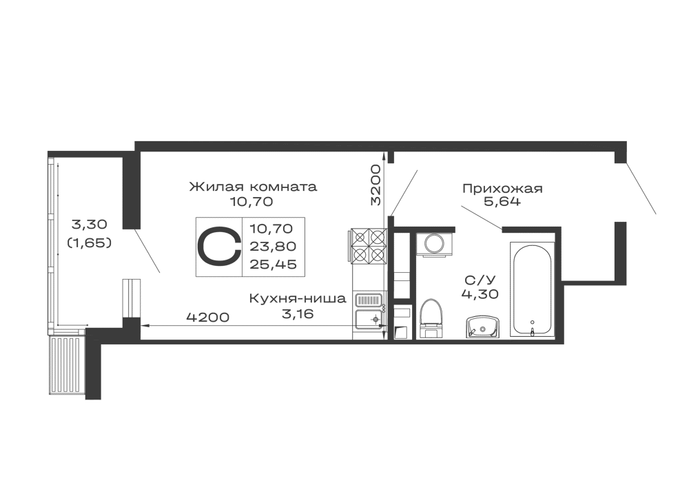 Планировка студии квартиры 25.45 м² в ЖК Долина, г. Майкоп — фото 1