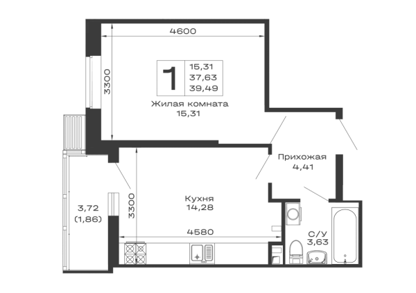 Планировка 1 комн. в ЖК Долина