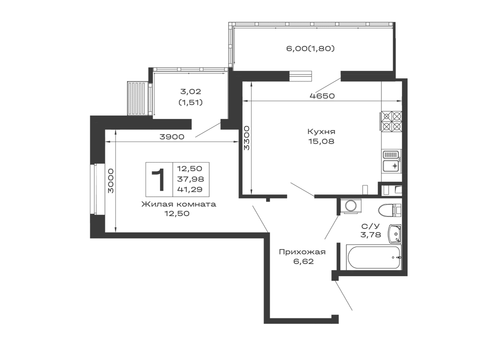 Планировка 1-комнатной квартиры 41.29 м² в ЖК Долина, г. Майкоп — фото 1