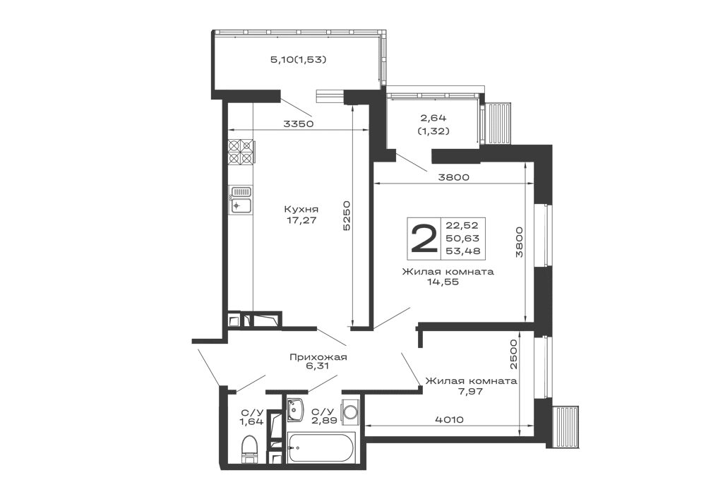 Планировка 2-комнатной квартиры 53.48 м² в ЖК Долина, г. Майкоп — фото 1