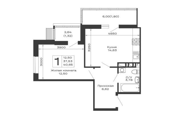 Планировка 1 комн. в ЖК Долина