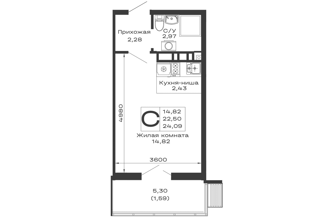 Планировка студии квартиры 24.09 м² в ЖК Долина, г. Майкоп — фото 1