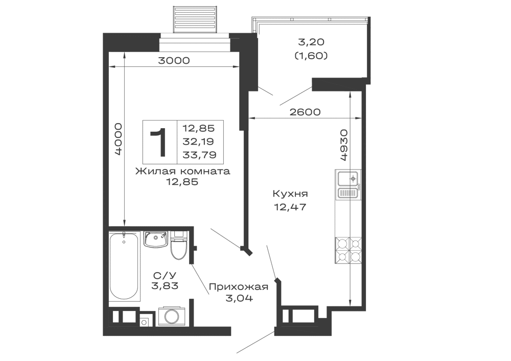 Планировка 1-комнатной квартиры 33.79 м² в ЖК Долина, г. Майкоп — фото 1