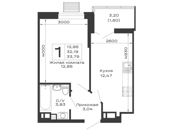 Планировка 1 комн. в ЖК Долина