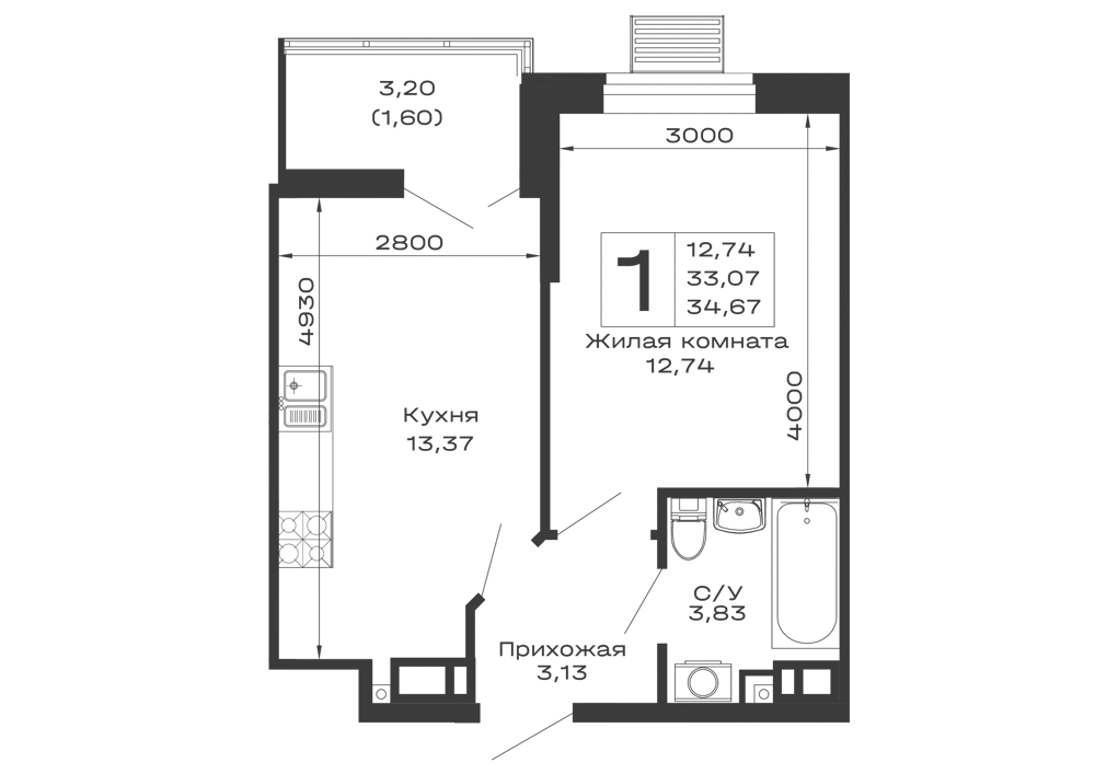 Планировка 1-комнатной квартиры 34.67 м² в ЖК Долина, г. Майкоп — фото 1