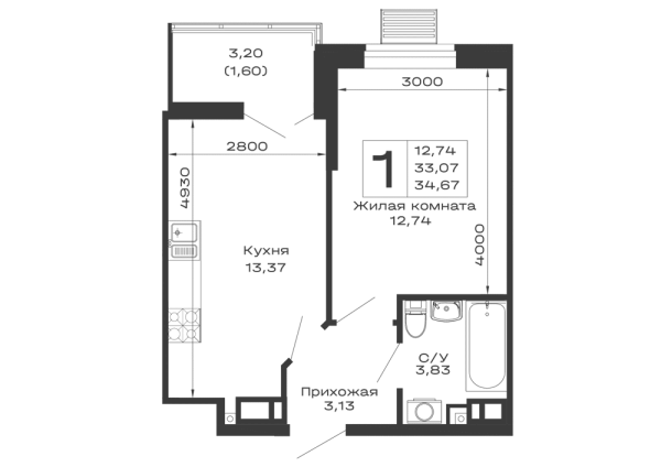 Планировка 1 комн. в ЖК Долина