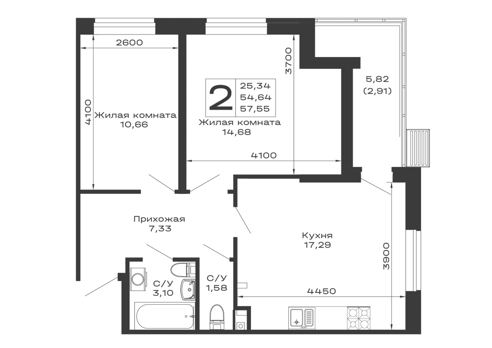 Планировка 2-комнатной квартиры 57.55 м² в ЖК Долина, г. Майкоп — фото 1