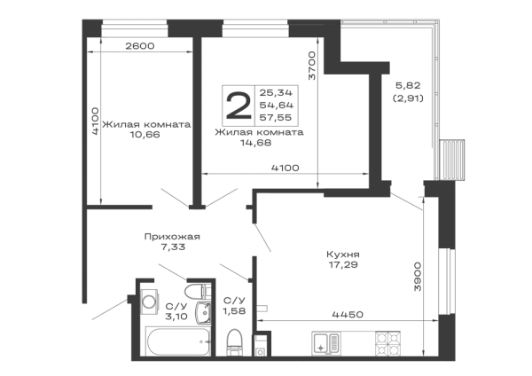 Планировка 2 комн. в ЖК Долина