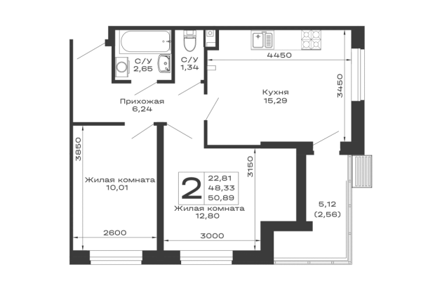Планировка 2 комн. в ЖК Долина