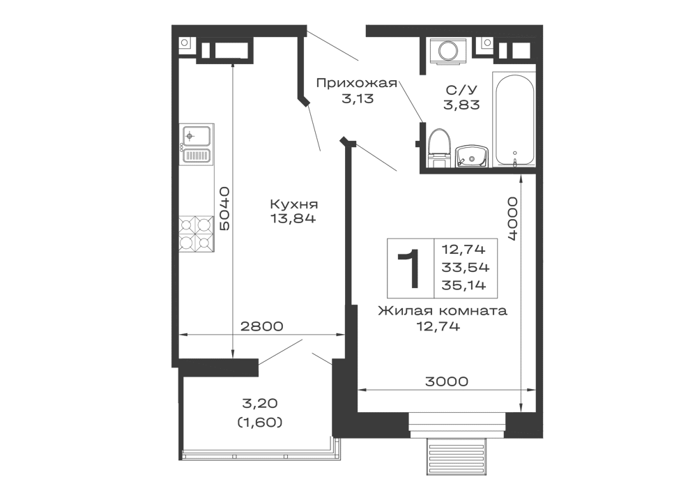 Планировка 1-комнатной квартиры 35.14 м² в ЖК Долина, г. Майкоп — фото 1