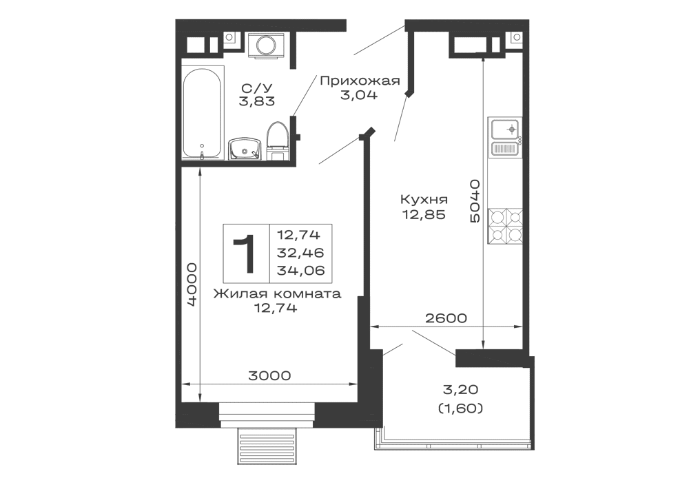 Планировка 1-комнатной квартиры 34.06 м² в ЖК Долина, г. Майкоп — фото 1