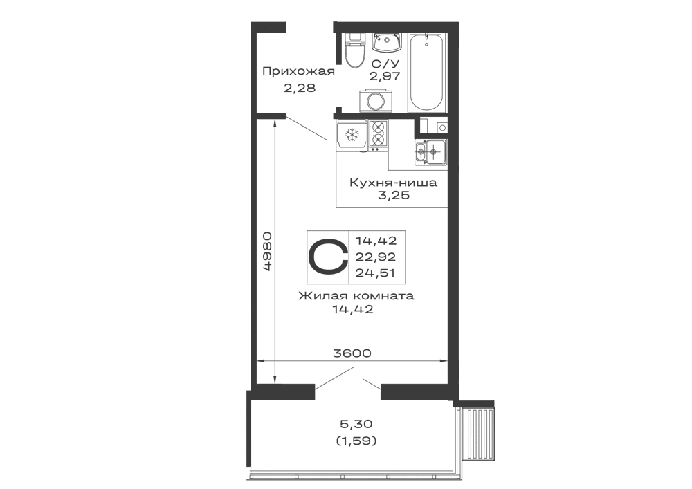 Планировка студии квартиры 24.51 м² в ЖК Долина, г. Майкоп — фото 1