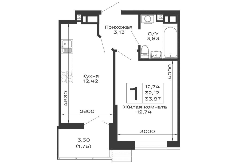 Планировка 1-комнатной квартиры 33.87 м² в ЖК Долина, г. Майкоп — фото 1