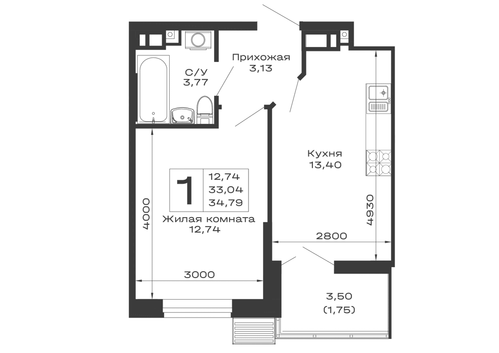 Планировка 1-комнатной квартиры 34.79 м² в ЖК Долина, г. Майкоп — фото 1