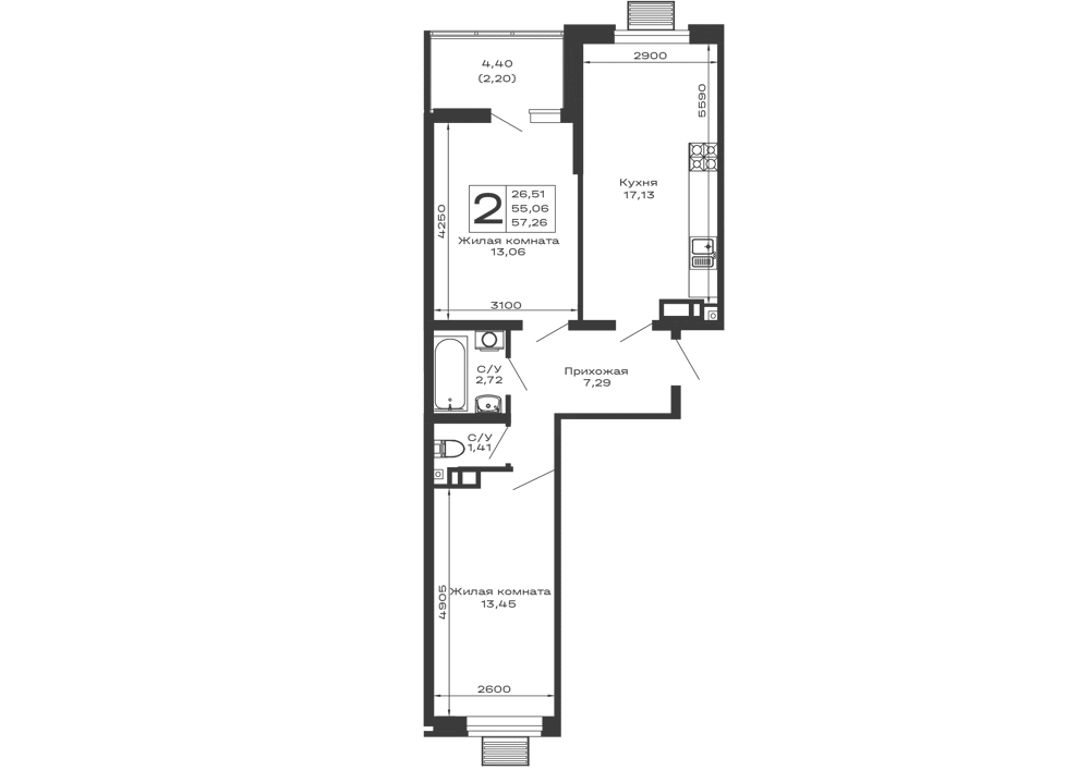 Планировка 2-комнатной квартиры 57.26 м² в ЖК Долина, г. Майкоп — фото 1