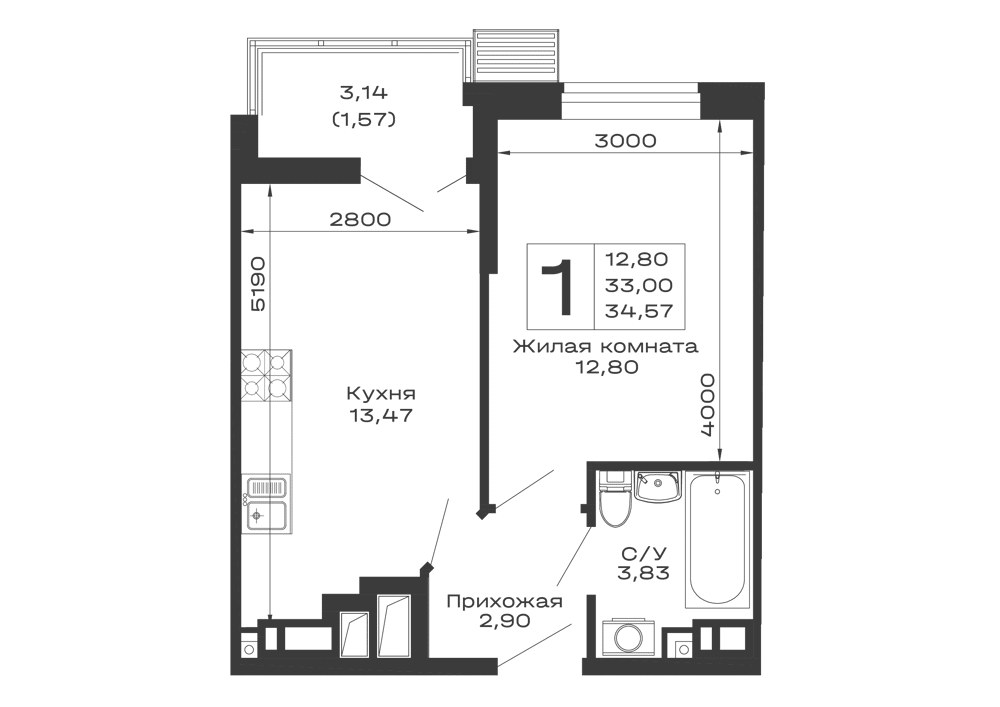 Планировка 1-комнатной квартиры 34.57 м² в ЖК Долина, г. Майкоп — фото 1