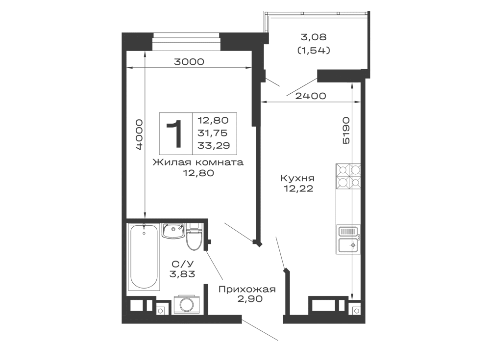 Планировка 1-комнатной квартиры 33.29 м² в ЖК Долина, г. Майкоп — фото 1