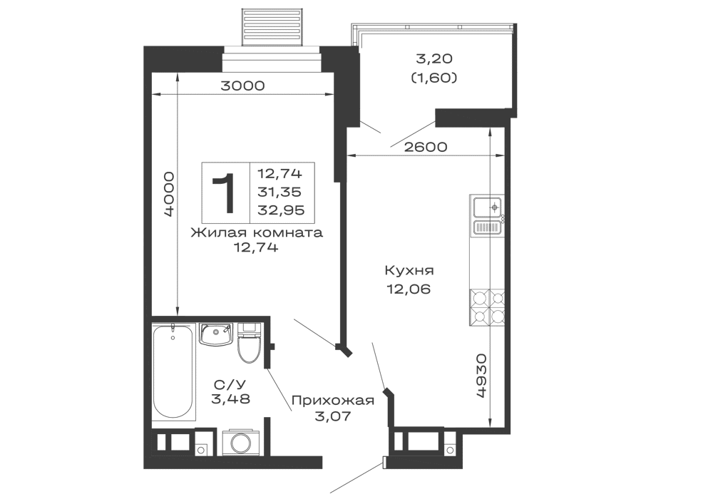 Планировка 1-комнатной квартиры 32.95 м² в ЖК Долина, г. Майкоп — фото 1