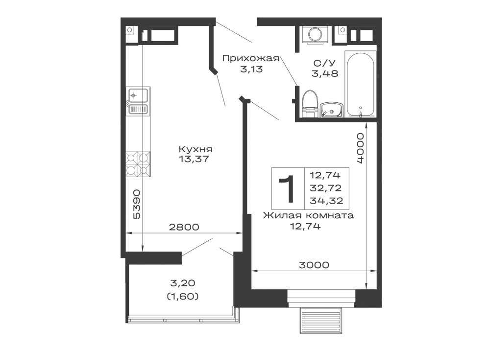 Планировка 1-комнатной квартиры 34.32 м² в ЖК Долина, г. Майкоп — фото 1