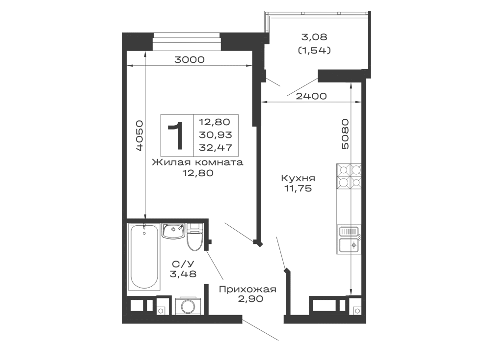 Планировка 1-комнатной квартиры 32.47 м² в ЖК Долина, г. Майкоп — фото 1