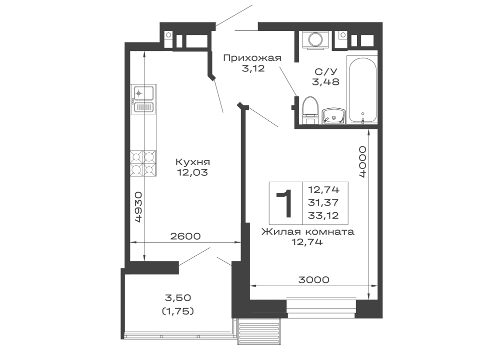 Планировка 1-комнатной квартиры 33.12 м² в ЖК Долина, г. Майкоп — фото 1