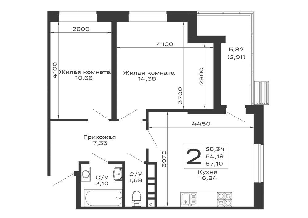Планировка 2-комнатной квартиры 57.1 м² в ЖК Долина, г. Майкоп — фото 1