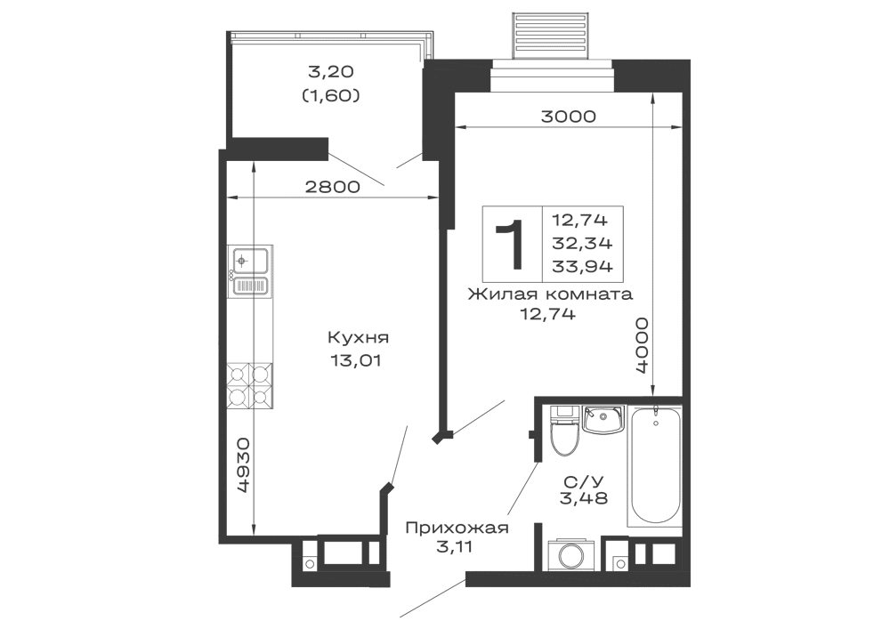 Планировка 1-комнатной квартиры 33.94 м² в ЖК Долина, г. Майкоп — фото 1
