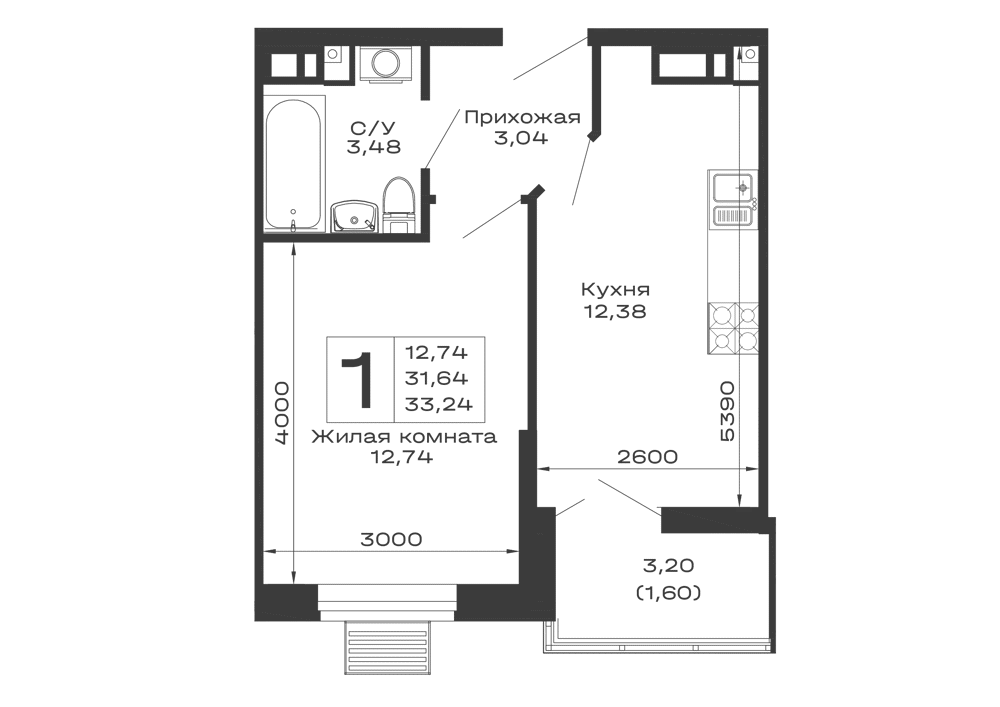 Планировка 1-комнатной квартиры 33.24 м² в ЖК Долина, г. Майкоп — фото 1