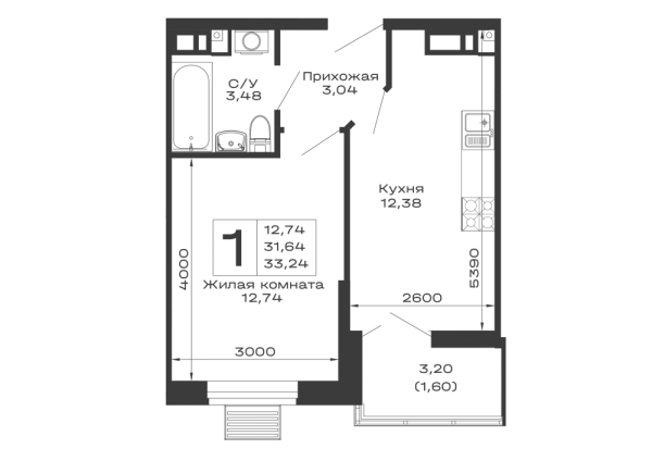 Планировка 1 комн. в ЖК Долина