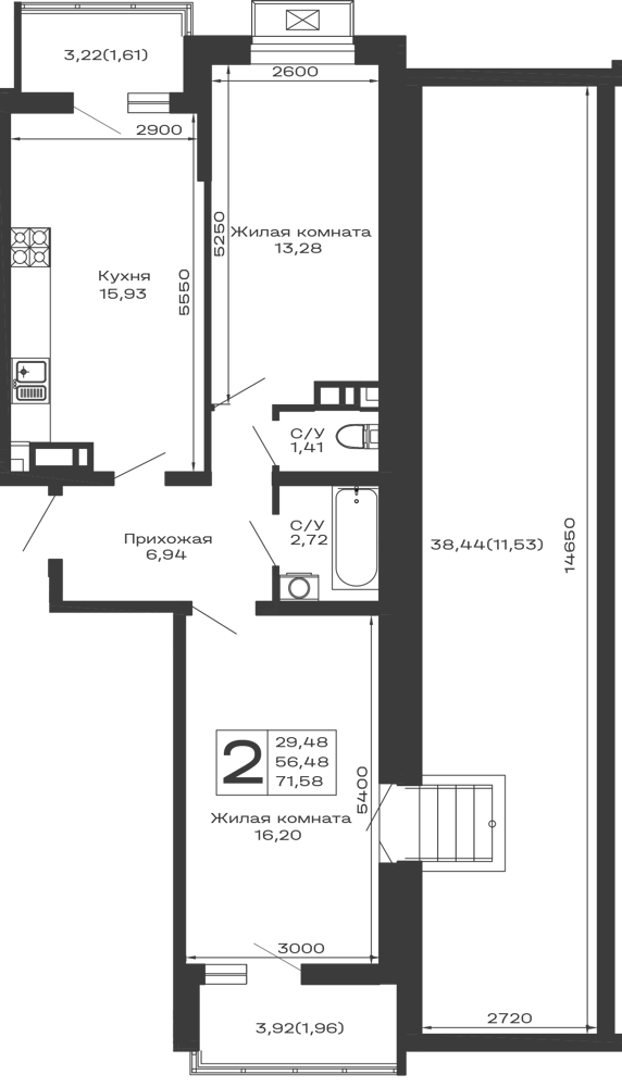 Планировка 2-комнатной квартиры 71.58 м² в ЖК Долина, г. Майкоп — фото 1