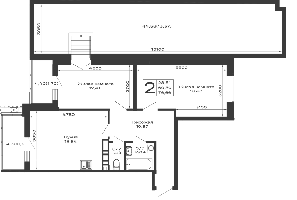Планировка 2-комнатной квартиры 76.66 м² в ЖК Долина, г. Майкоп — фото 1