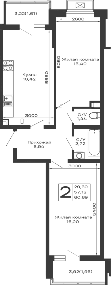 Планировка 2-комнатной квартиры 60.69 м² в ЖК Долина, г. Майкоп — фото 1