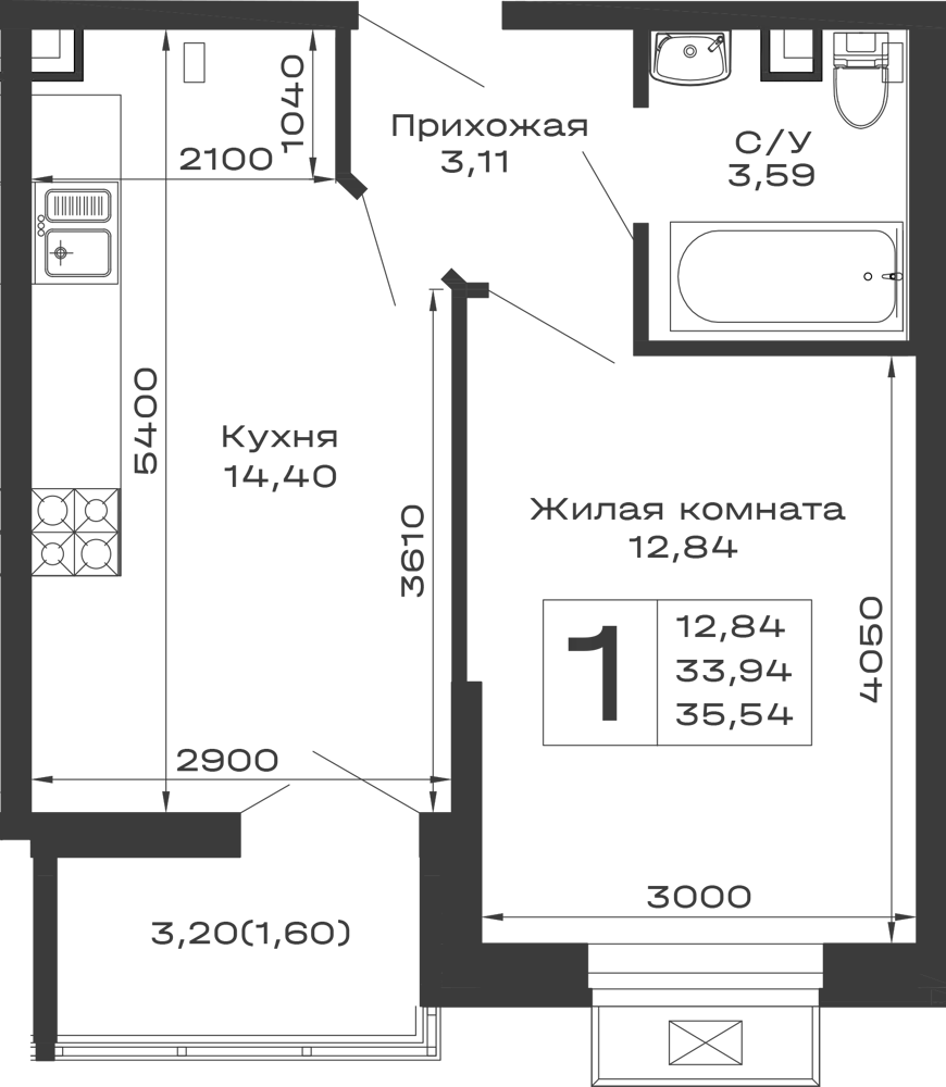 Планировка 1-комнатной квартиры 35.54 м² в ЖК Долина, г. Майкоп — фото 1