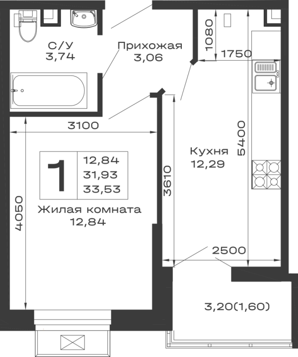 Планировка 1 комн. в ЖК Долина