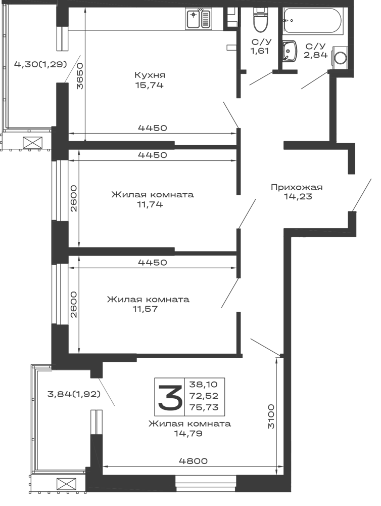 Планировка 3-комнатной квартиры 75.73 м² в ЖК Долина, г. Майкоп — фото 1