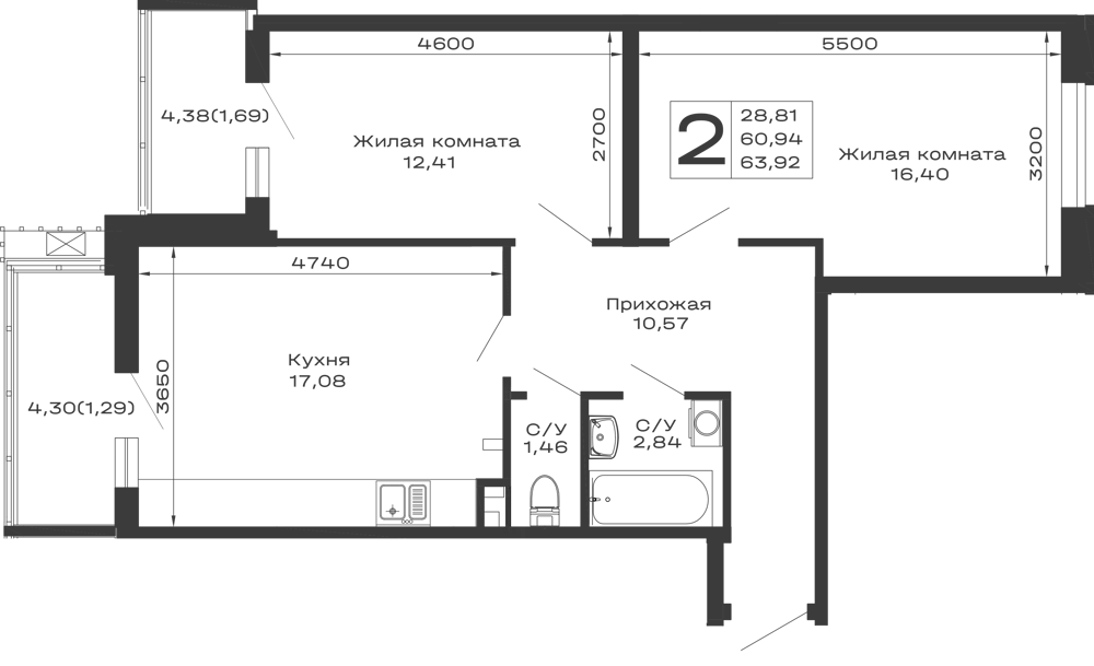 Планировка 2-комнатной квартиры 63.92 м² в ЖК Долина, г. Майкоп — фото 1
