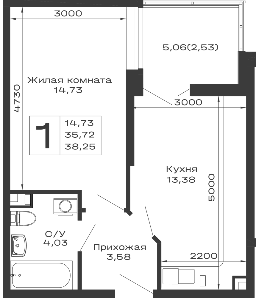 Планировка 1-комнатной квартиры 38.25 м² в ЖК Долина, г. Майкоп — фото 1