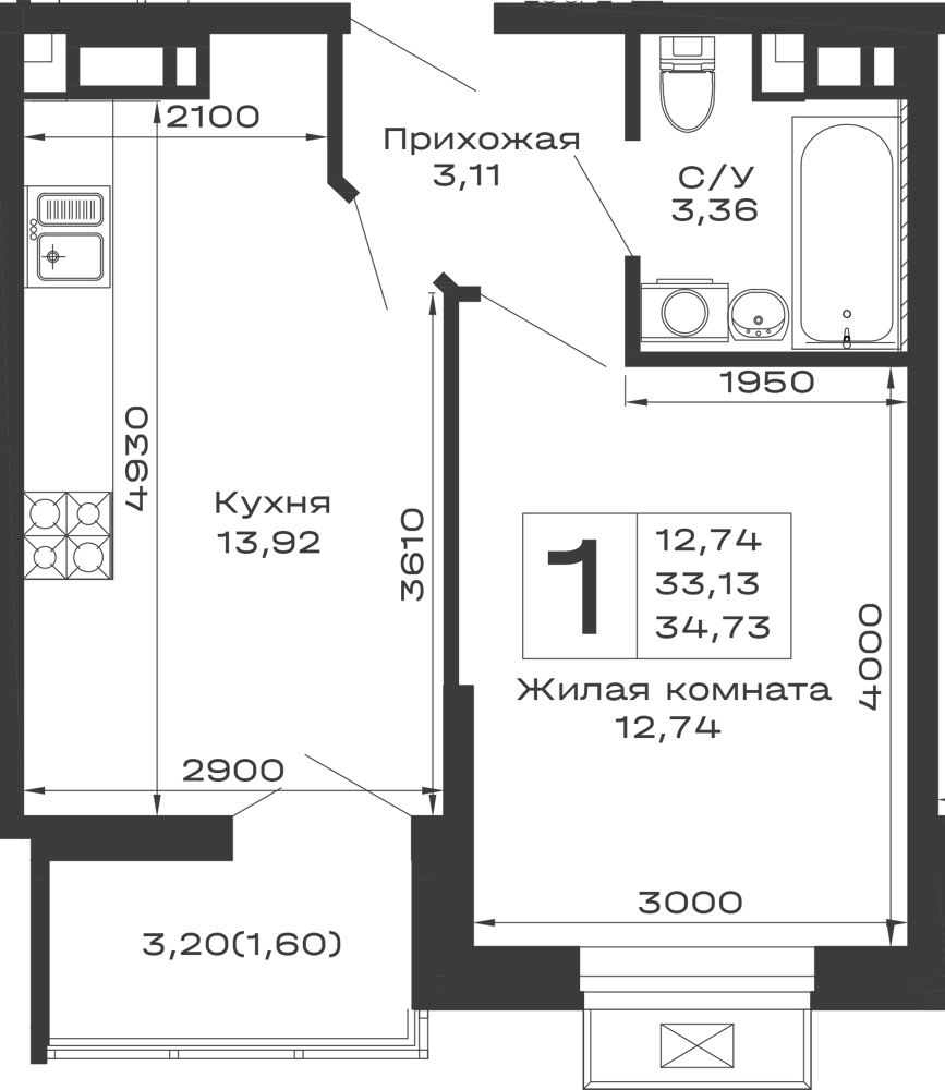Планировка 1-комнатной квартиры 34.73 м² в ЖК Долина, г. Майкоп — фото 1