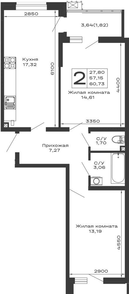 Планировка 2-комнатной квартиры 60.73 м² в ЖК Долина, г. Майкоп — фото 1