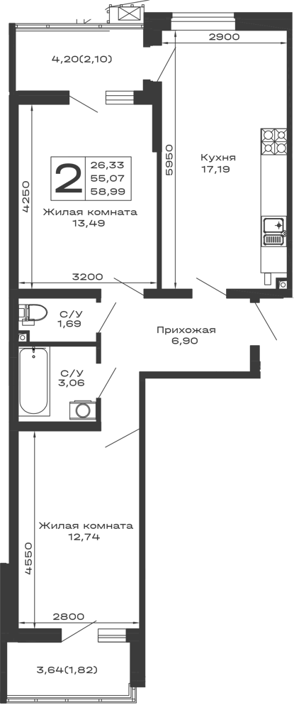 Планировка 2-комнатной квартиры 58.09 м² в ЖК Долина, г. Майкоп — фото 1