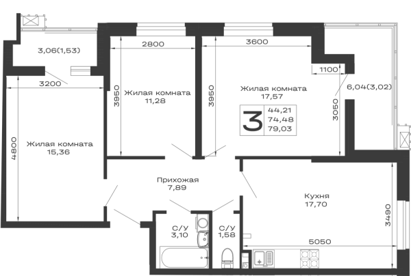 Планировка 3 комн. в ЖК Долина