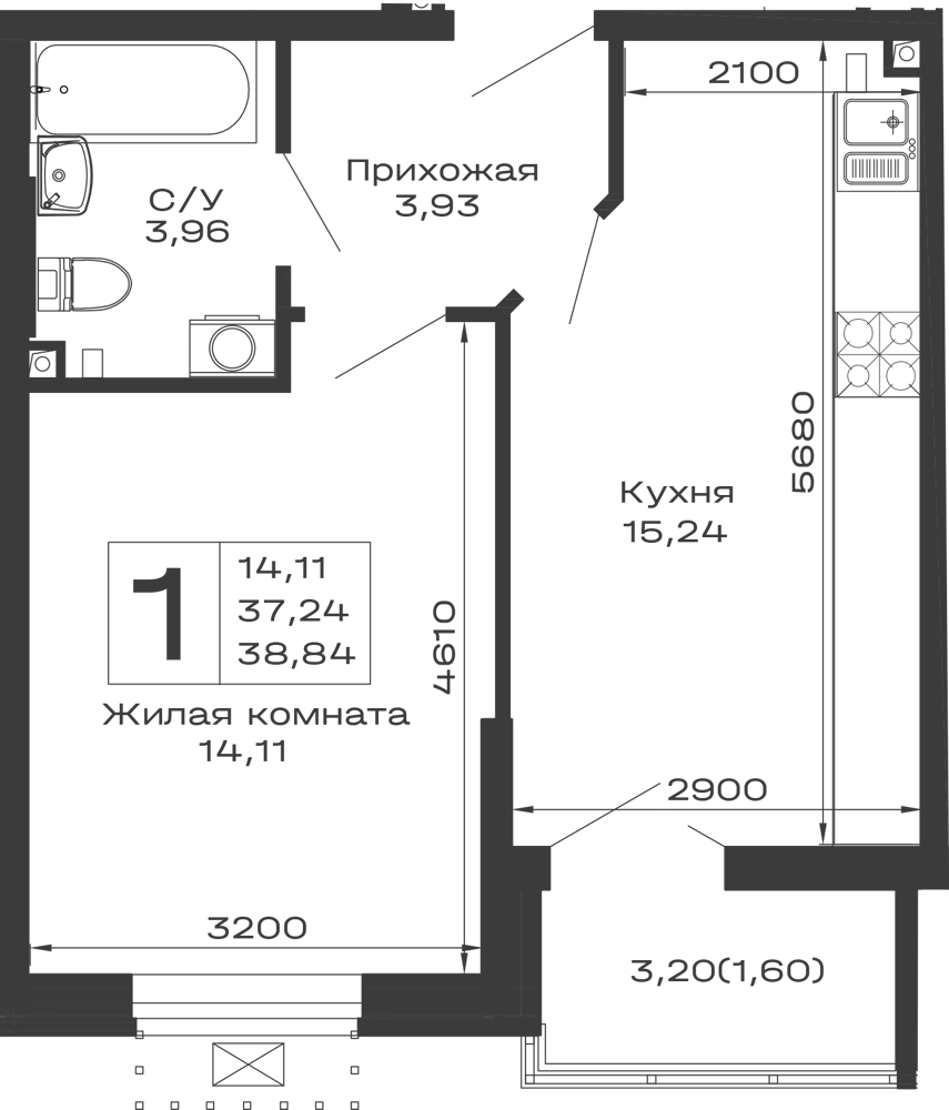 Планировка 1-комнатной квартиры 38.84 м² в ЖК Долина, г. Майкоп — фото 1