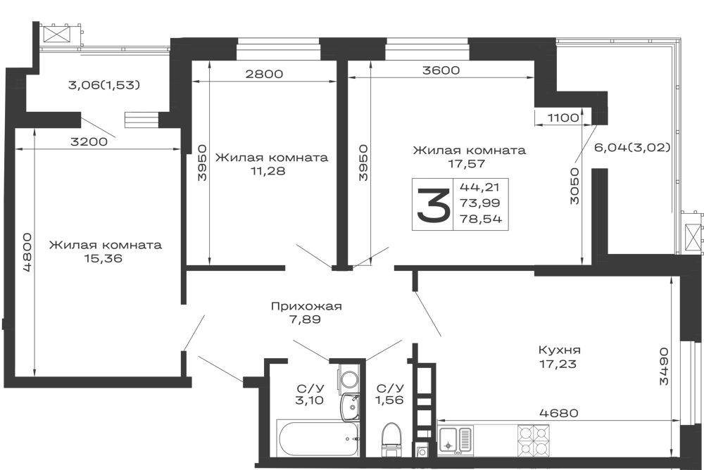 Планировка 3-комнатной квартиры 78.54 м² в ЖК Долина, г. Майкоп — фото 1