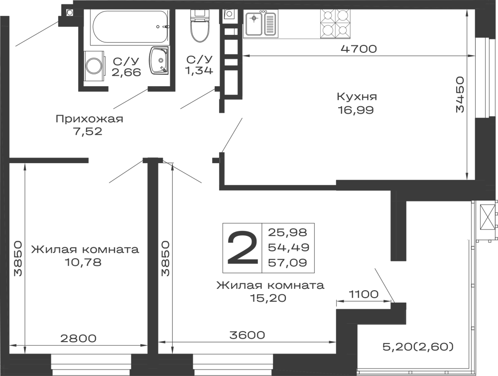 Планировка 2-комнатной квартиры 57.09 м² в ЖК Долина, г. Майкоп — фото 1