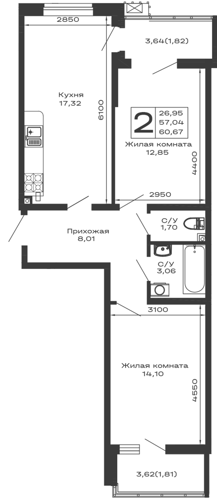 Планировка 2-комнатной квартиры 60.67 м² в ЖК Долина, г. Майкоп — фото 1