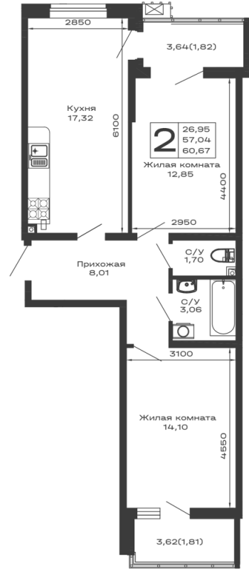 Планировка 2 комн. в ЖК Долина